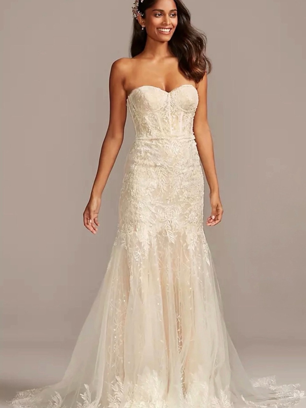 Melissa Sweet Strapless Lace Mermaid Gown in Ivory